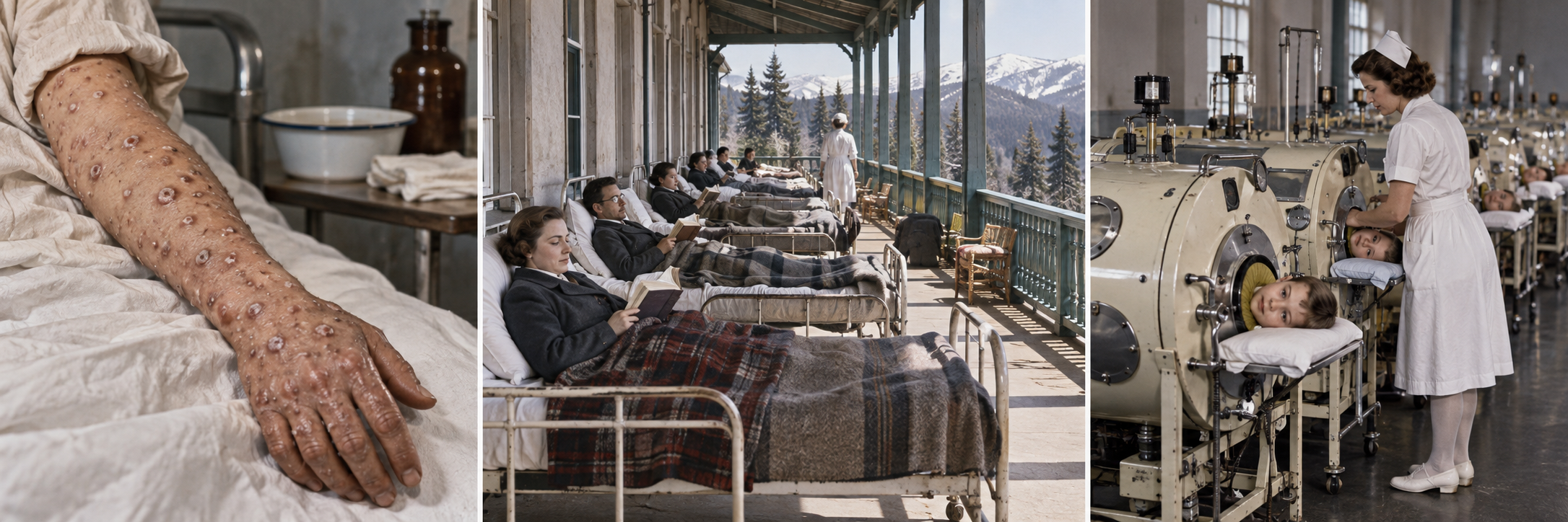 Illustrative historical reconstruction showing smallpox lesions, patients at a tuberculosis sanatorium and children receiving care in iron lungs during a polio epidemic