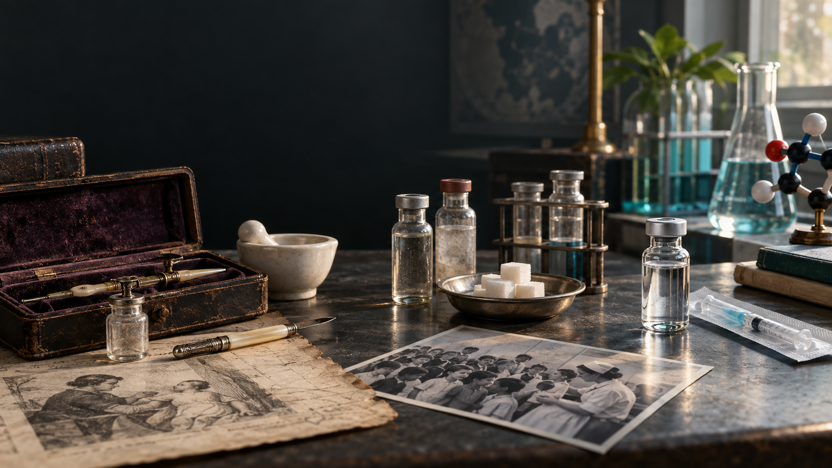 A historical vaccination case, polio sugar cubes, vaccine vials and a modern laboratory arranged across a medical worktable